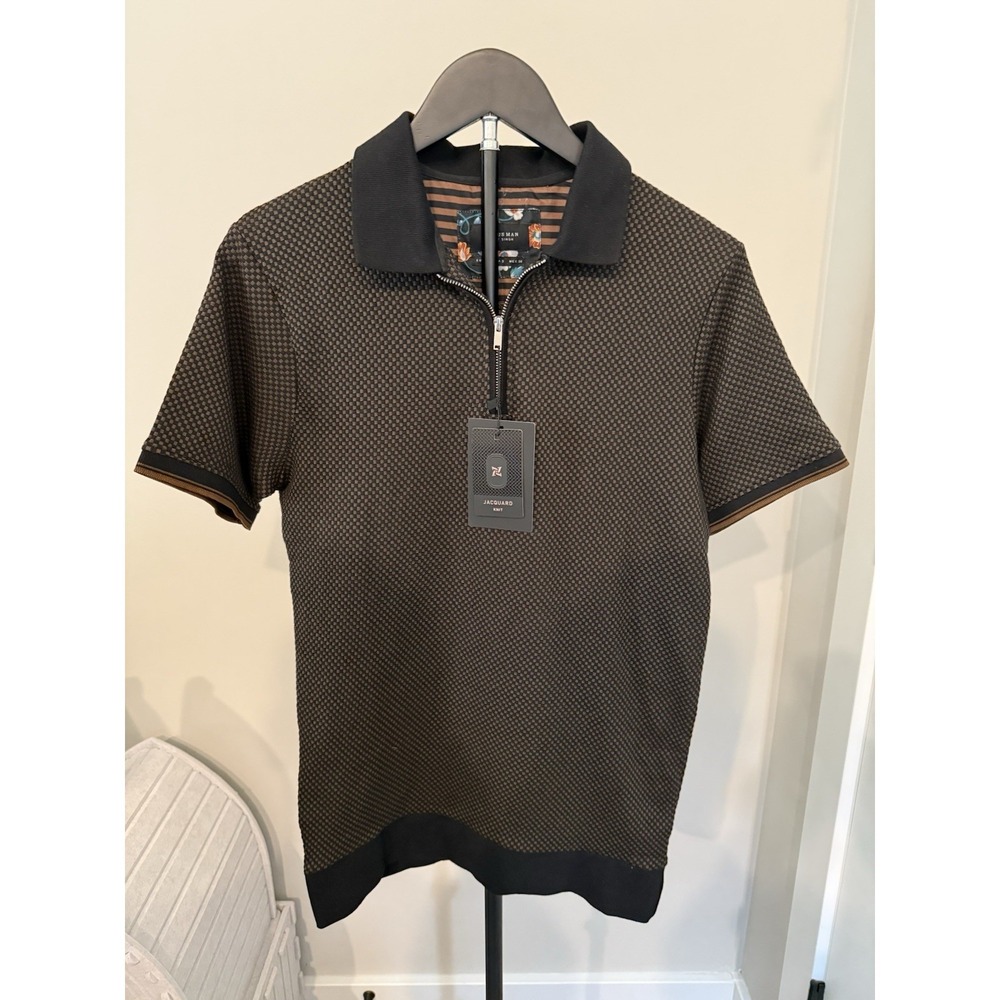 Tasso Elba Jacquard Knit Zip Polo Shirt Mens Medium Brown Black NWT
